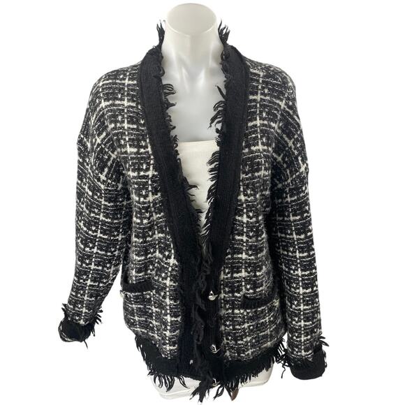 Robertson + Rodeo Women's Black Wool Tweed Fringe Knit Cardigan Sweater Top M/L - Picture 1 of 4